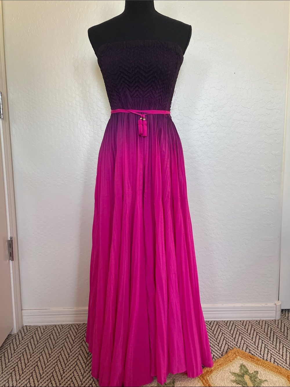 Aakaa Strapless Ombre Maxi Dress in Black and Fuchsia